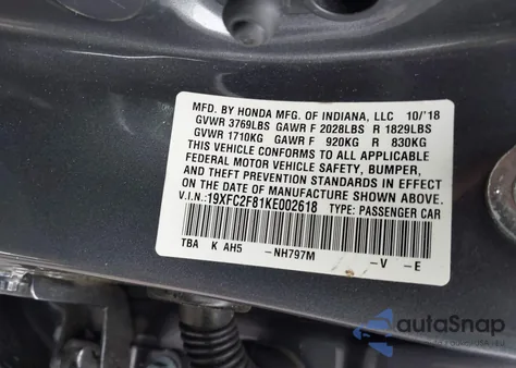 2019 Honda Civic Sport из США, поврежденный, VIN 19XFC2F81KE002618